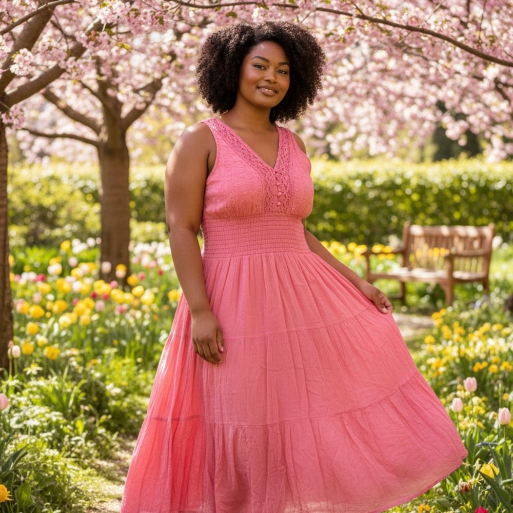 Mlle Gabrielle Coral Pink Tiered V-Neck Maxi Dress